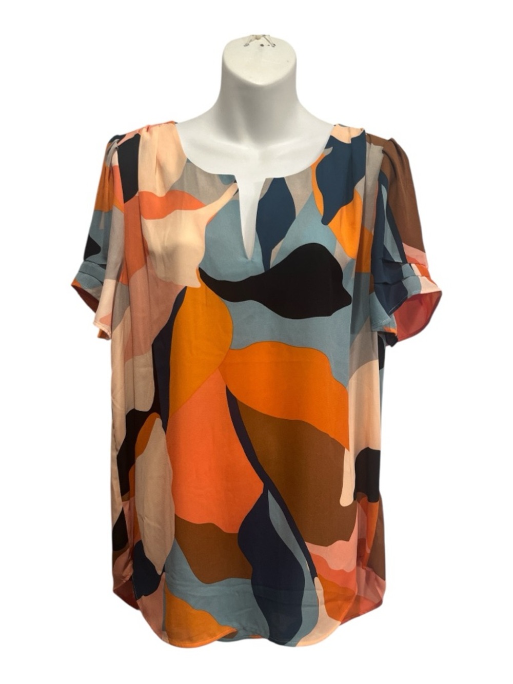 DR2 Multicolor Abstract Notch-Neck Blouse. Size large short sleeve